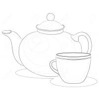 Раскраска Заварочный чайник, чашка и печенье