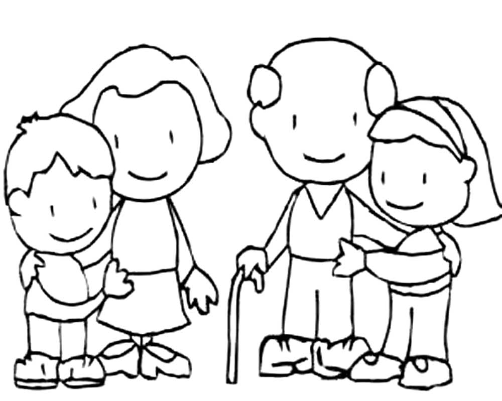 Раскраска бабушка и дедушка с внуками